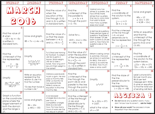 algebra calendar