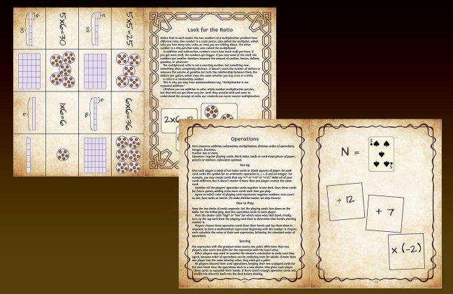 Sample game pages from the Tabletop Math Games Collection by Denise Gaskins