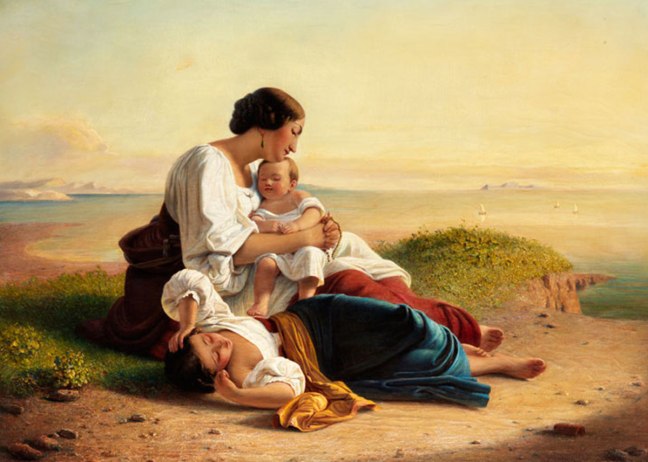 “Young italian woman with two sleeping children on coast’ painting by August Riedel, public domain