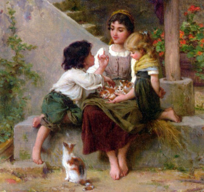 "Playing with the kittens" painting by Emile Munier, public domain