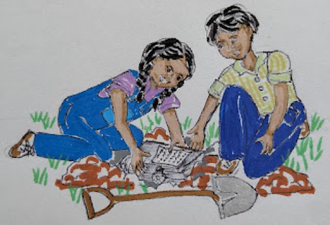 two children digging in the yard