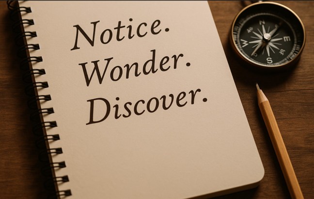 Notebook on desk, with the words "Notice. Wonder. Discover."