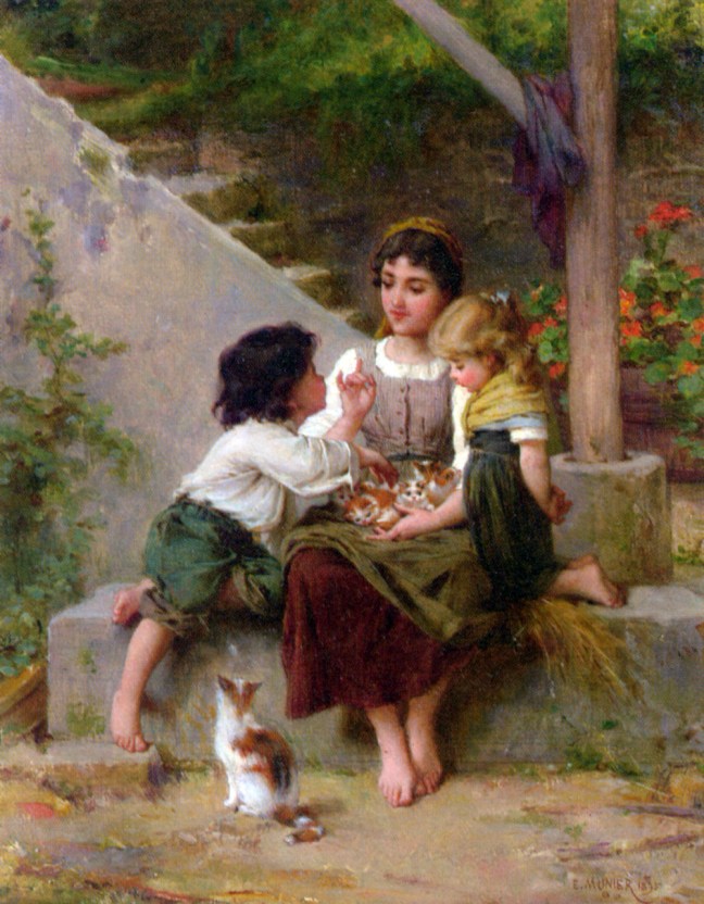 painting of children with kittens