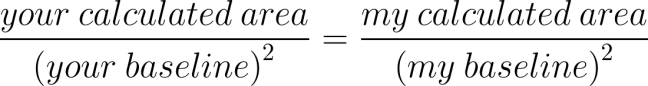 ratio equals calculated area divided by baseline squared