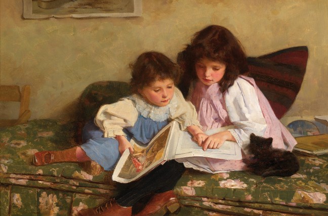 painting of two young girls reading