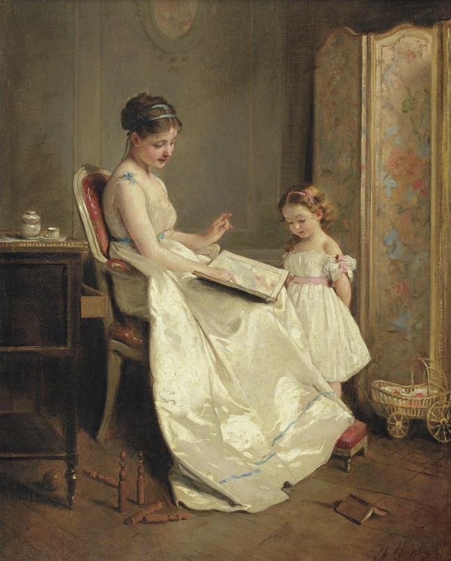 woman in Victorian dress, reading to a young girl