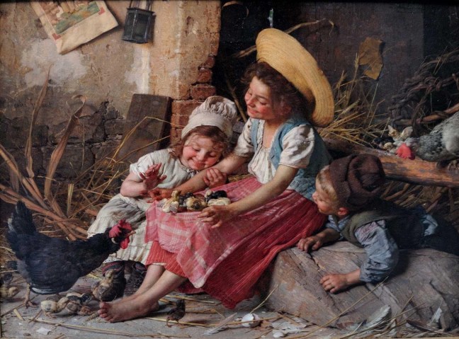 oil painting of three children with baby chicks