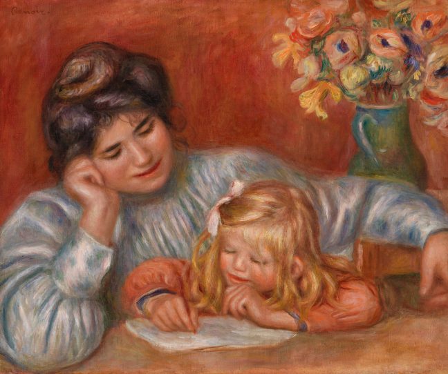 mother and daughter at table, writing