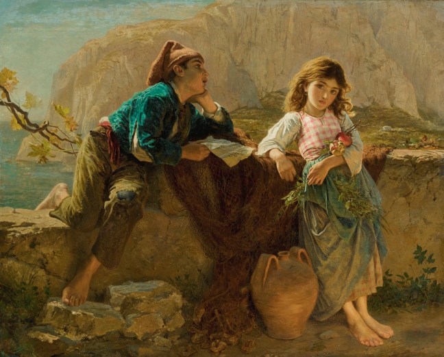 barefoot boy and girl leaning on a rock