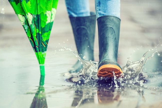 Girl in rubber boots outdoors in rainy day — Photo